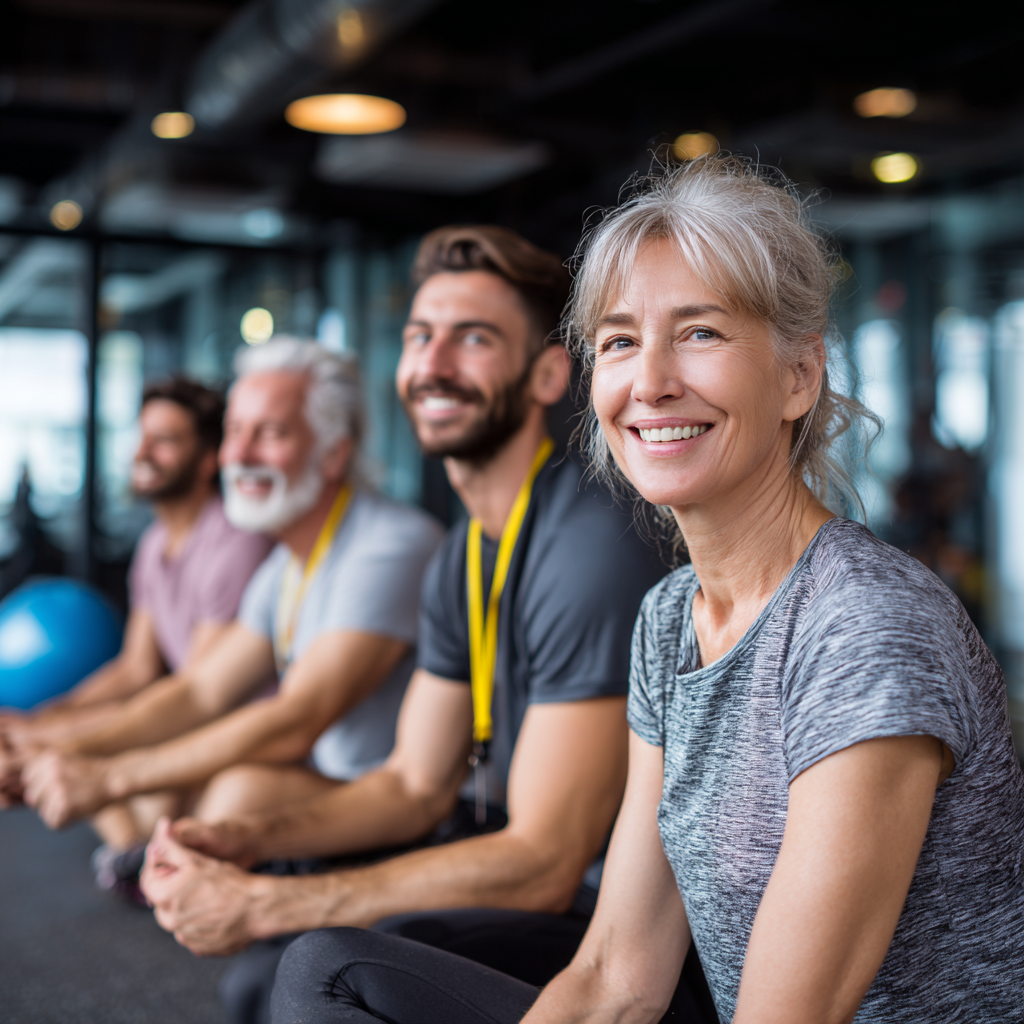 Group of smiling Ukrainian adults of different ages participating in outdoor functional fitness training session in a green urban park