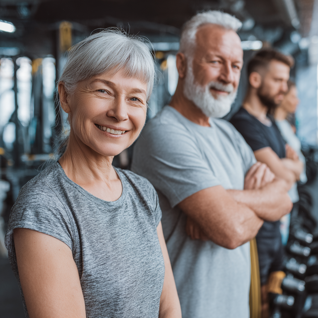 Smiling elderly Ukrainian woman in comfortable athletic wear doing gentle stretching exercises at home with natural lighting